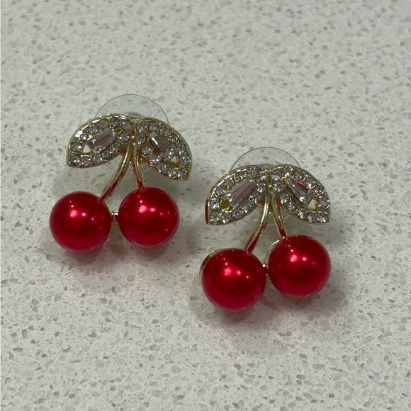 NIB Cherry Red Trendy Stud Rhinestone Earrings 🍒 - Picture 3 of 5